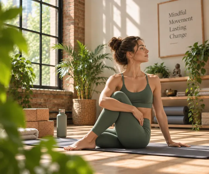 A woman sitting on a mat with one knee raised, smiling